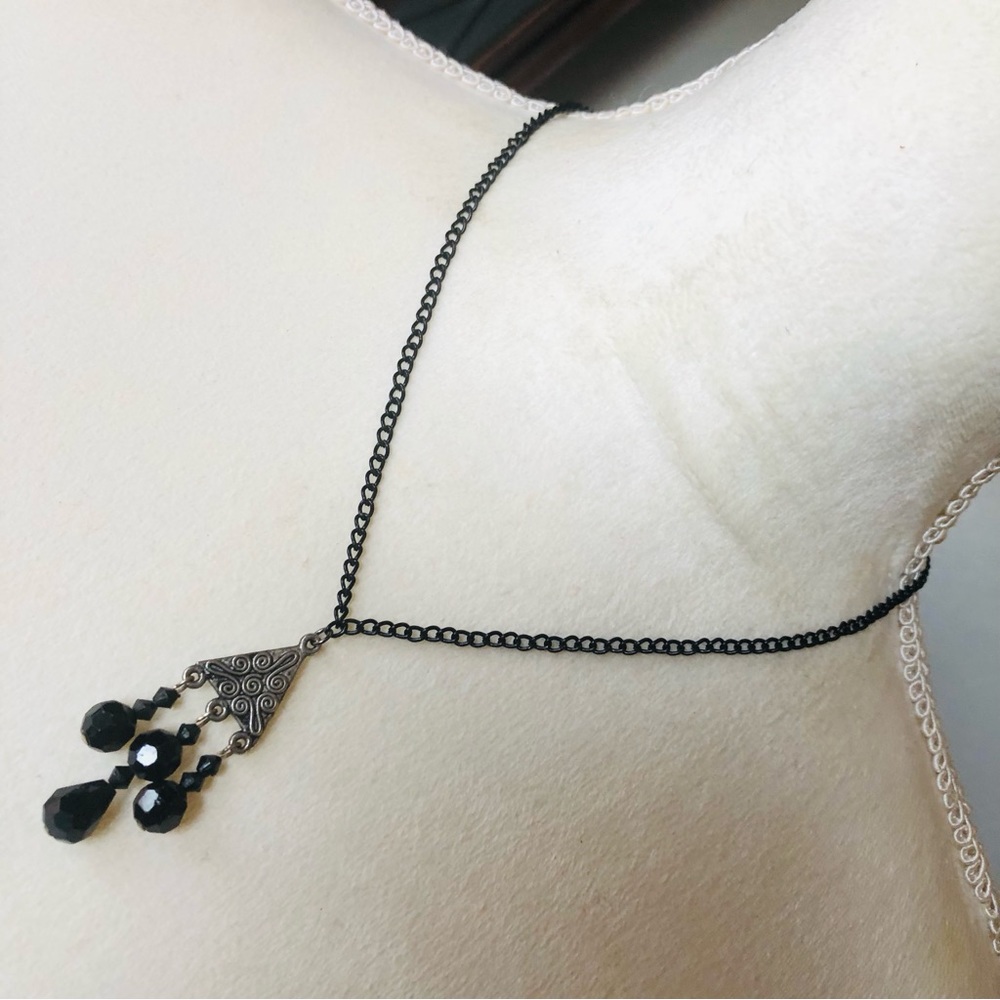 Vintage repurpose faceted black glass pendant on chain necklace